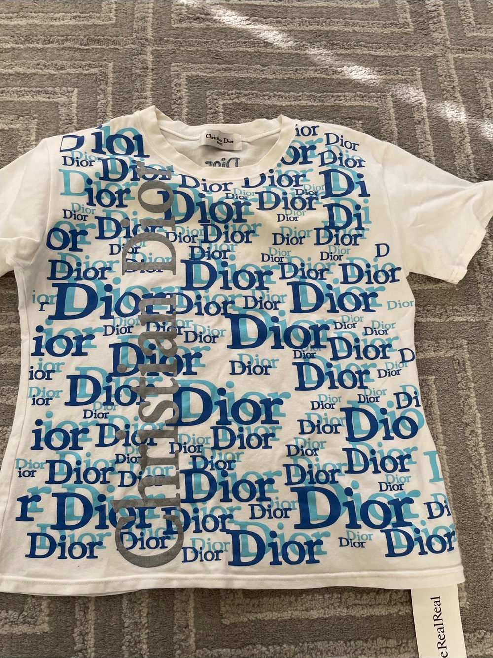 Dior Kids White Tee with Blue Logo Print and Silver Accent